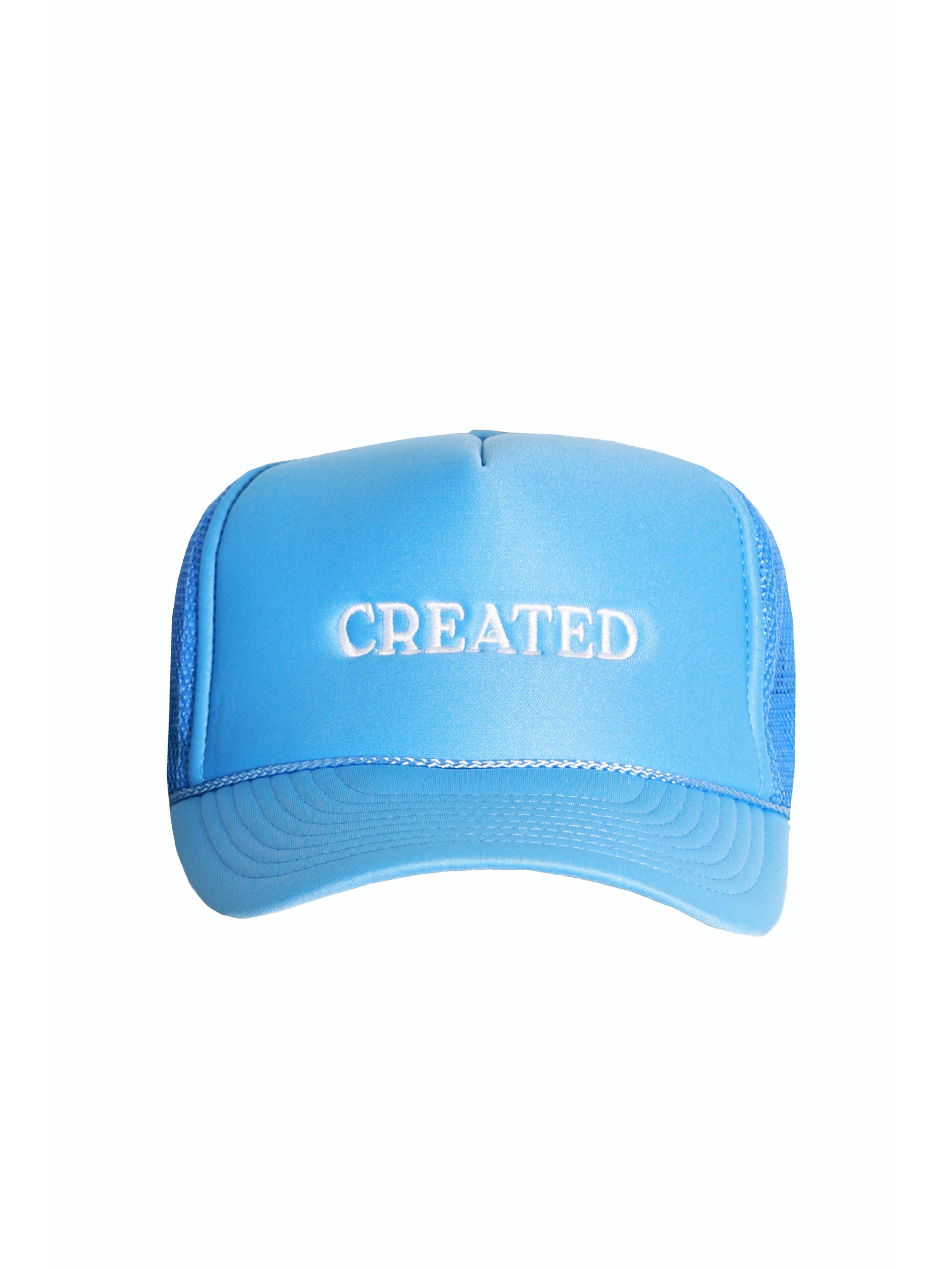 'CREATED' trucker hat - columbia blue