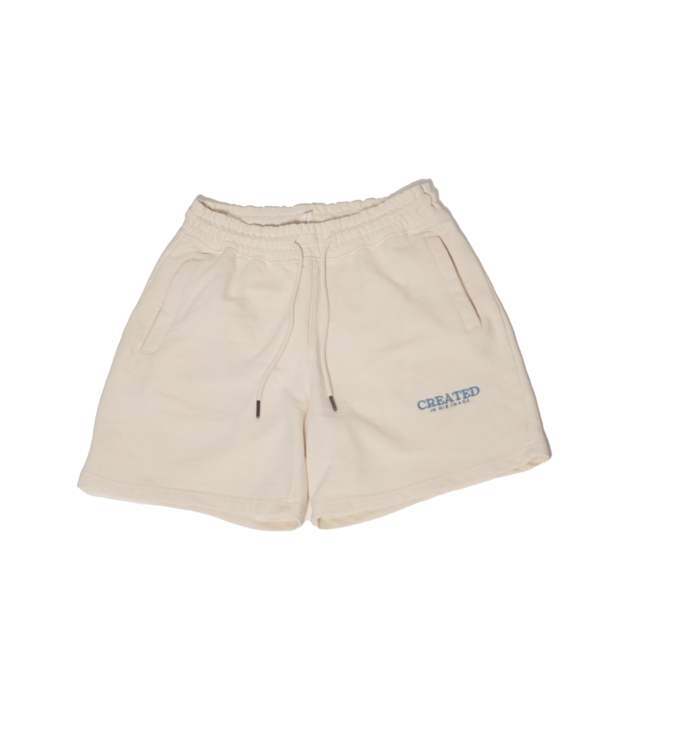 'CREATED IN HIS IMAGE' cream shorts